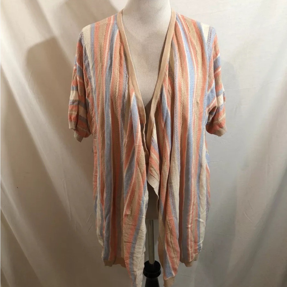 Blair Peach & Blue Striped Short Sleeve Open Front Lightweight SweaterWomens 2X